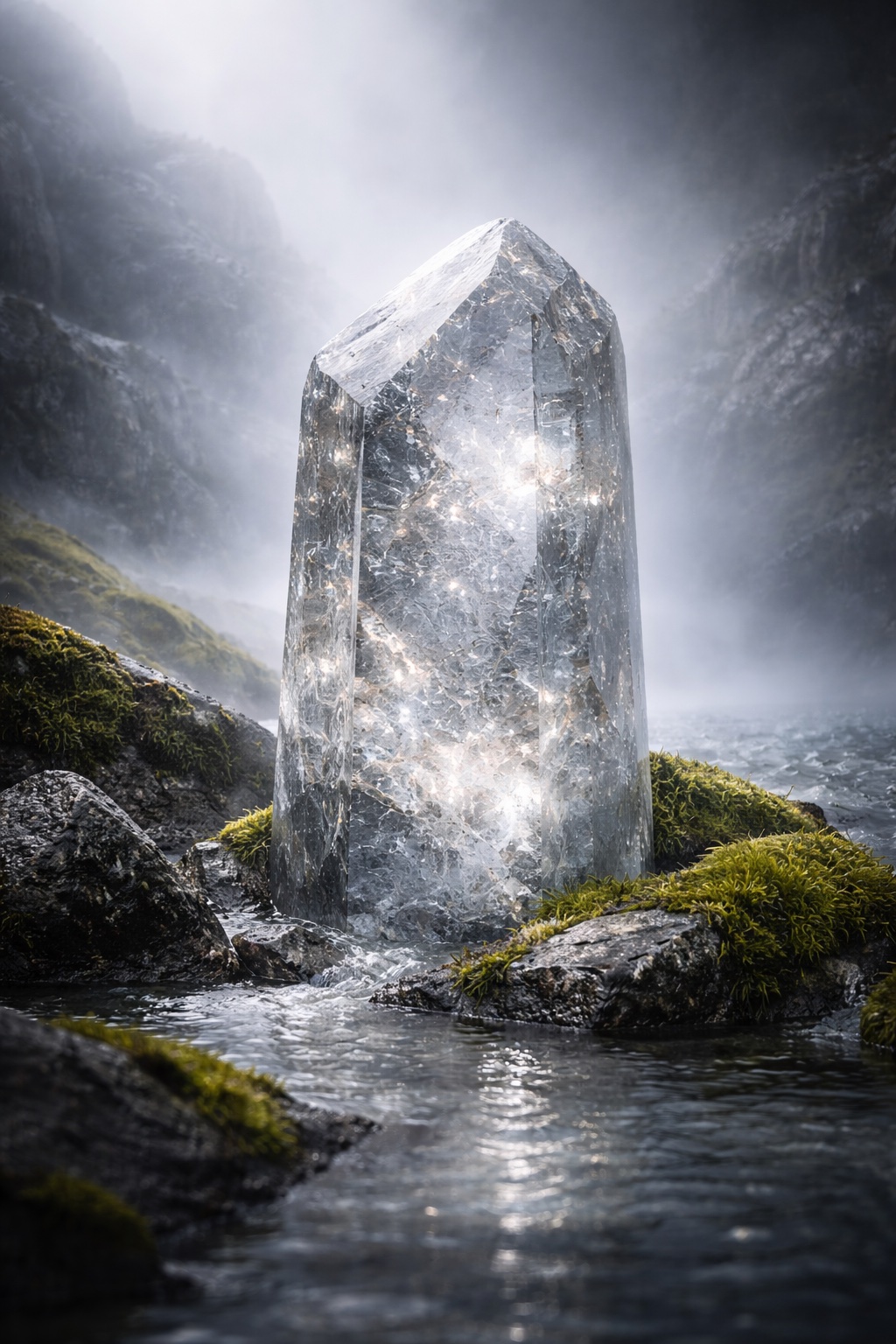 Crystalline Veil - Transparent crystal formation in misty landscape