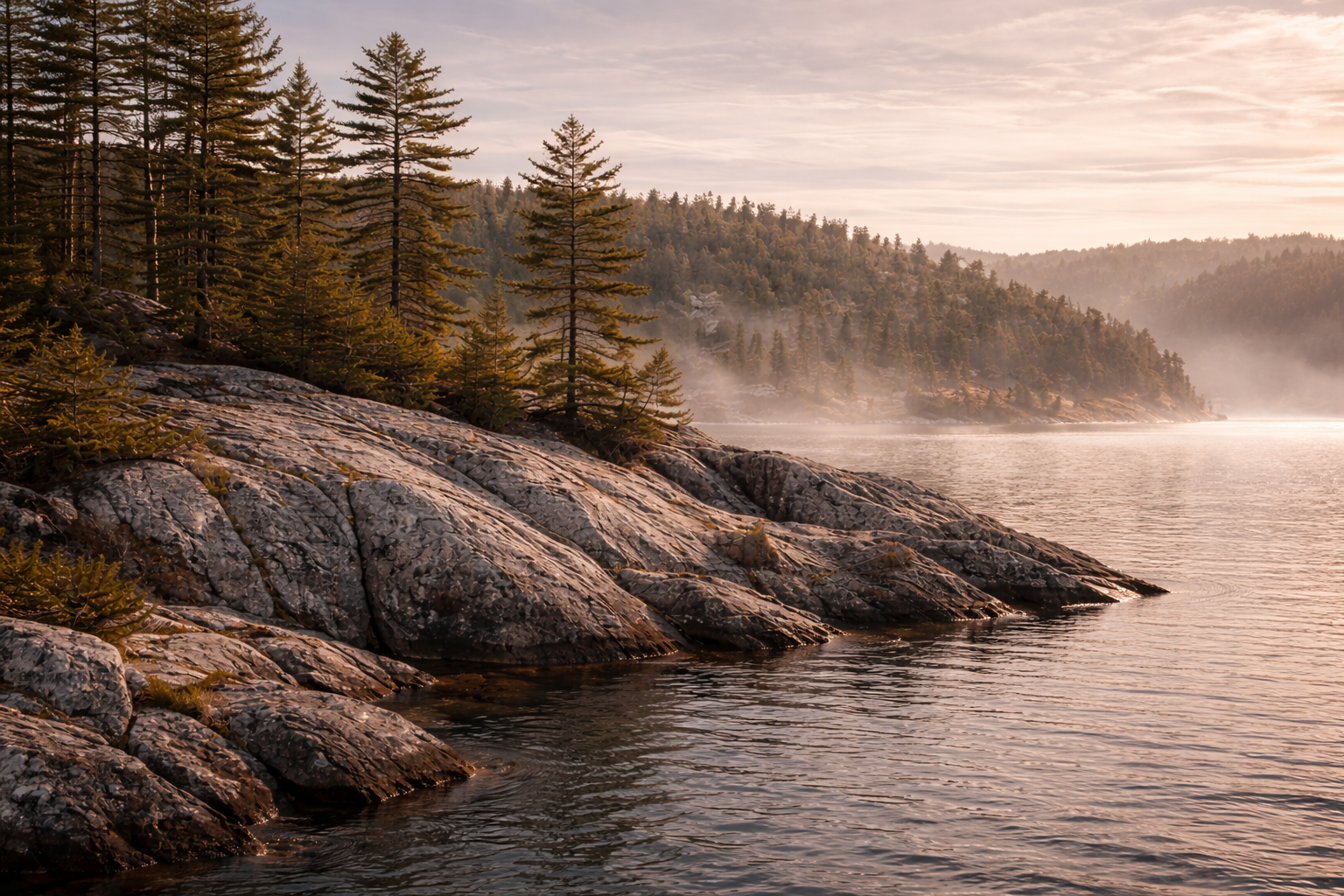 Boreal forest meeting granite shore